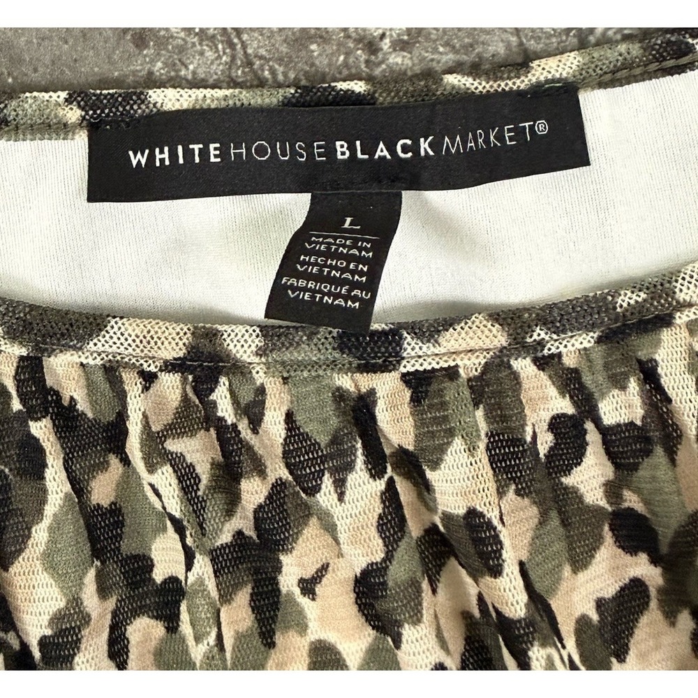 White House Black Market Smocked Waist Camouflage Lined Meshy Top Sz L - Picture 10 of 12